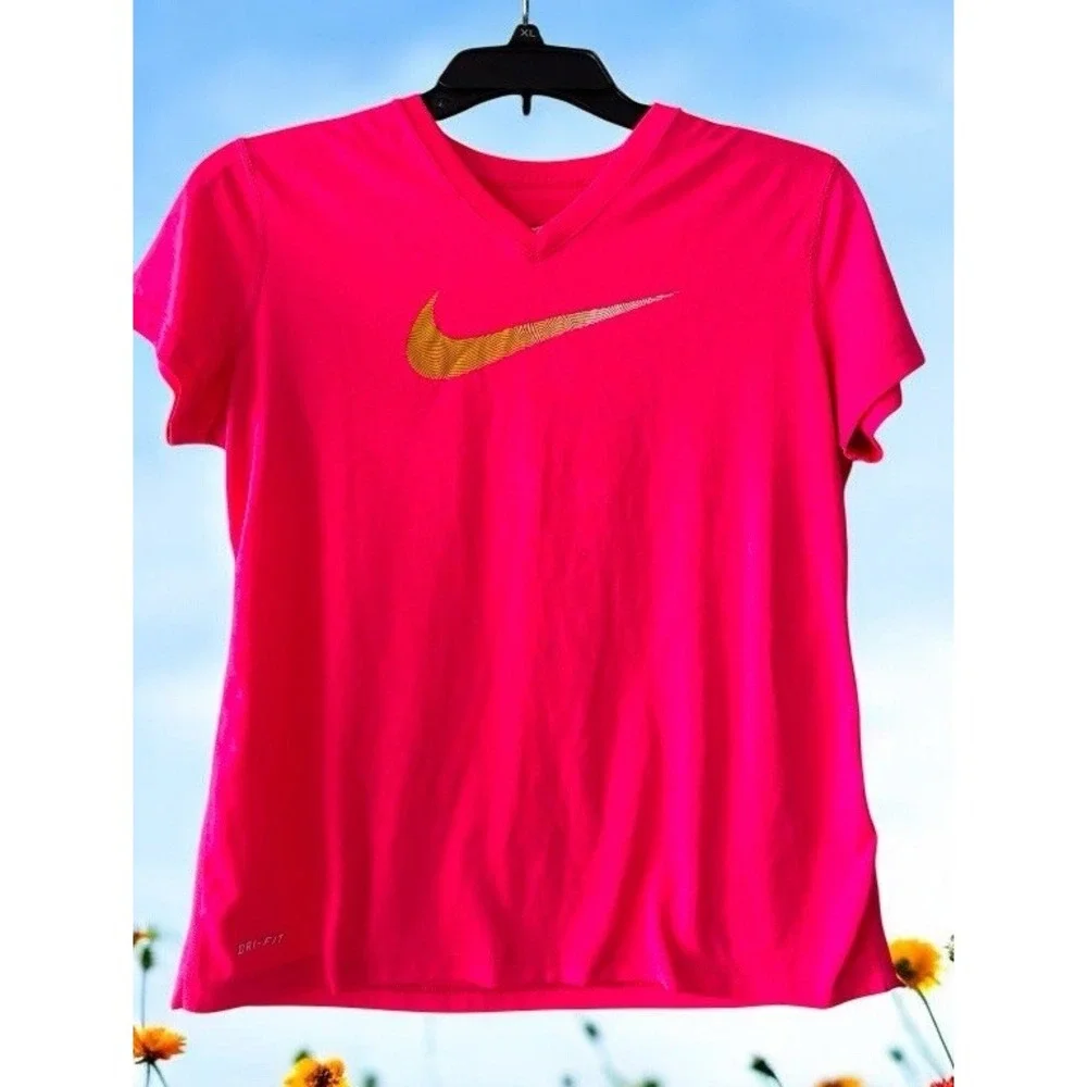Nike‎ Girls T Shirt Size XL X Large Pink Short Sleeve Dri Fit V Neck